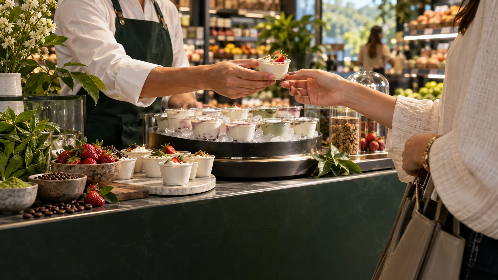 Degustación de yogures premium en un punto de venta