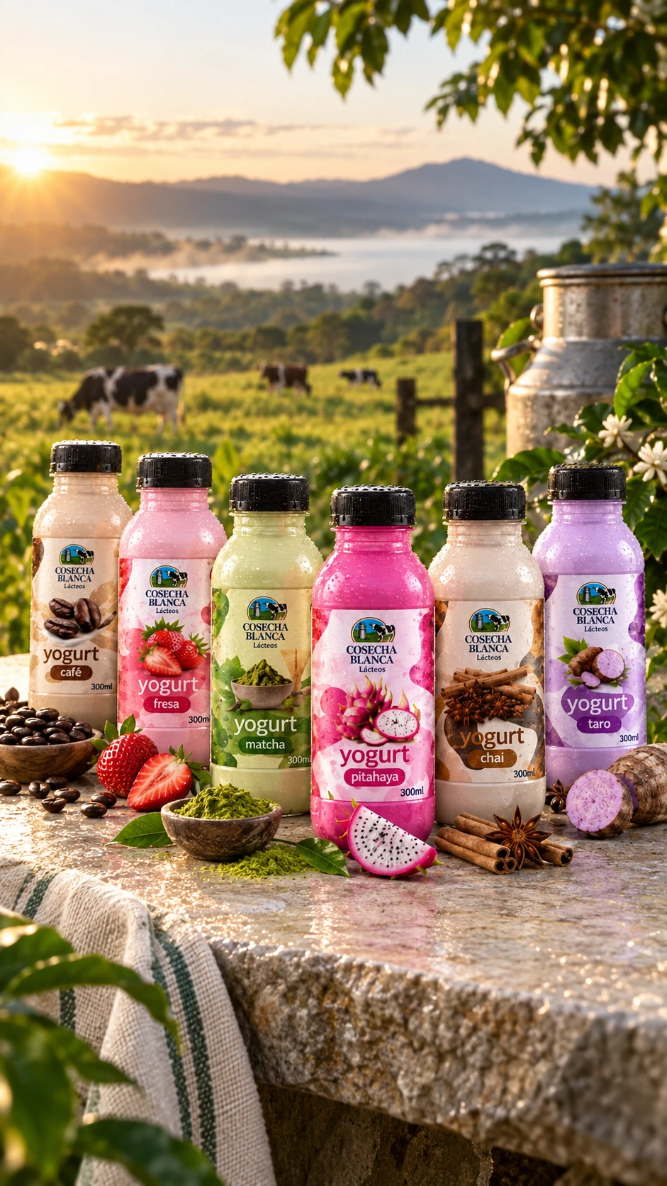 Seis yogures premium Cosecha Blanca con condensación fresca en una finca de Guanacaste