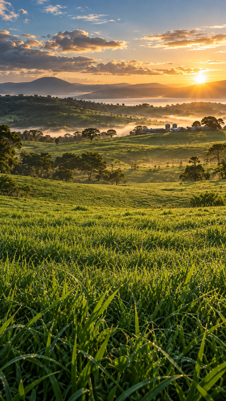 Amanecer nítido sobre las montañas y praderas de Guanacaste