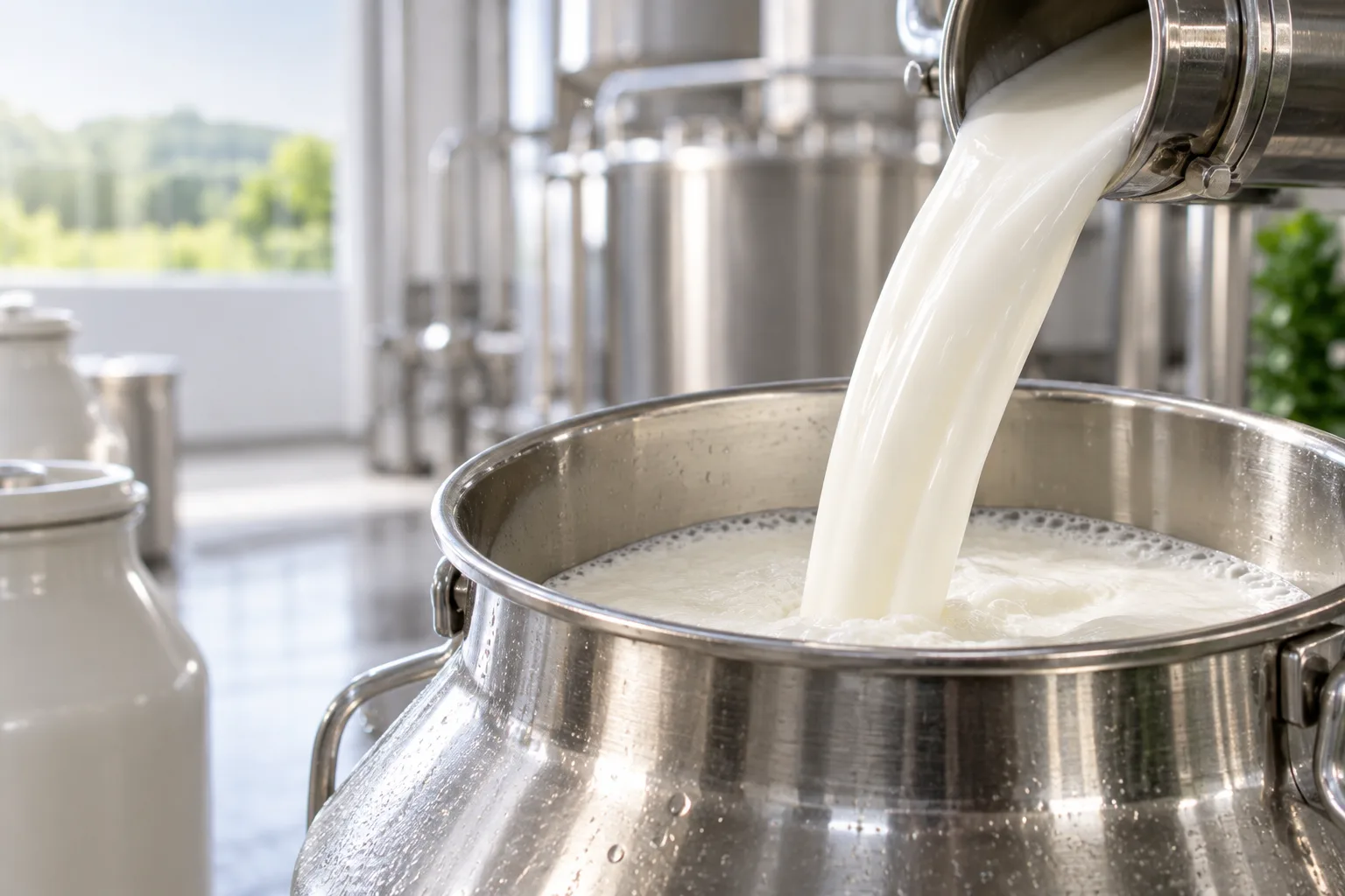 Leche fresca cayendo en un recipiente de acero inoxidable