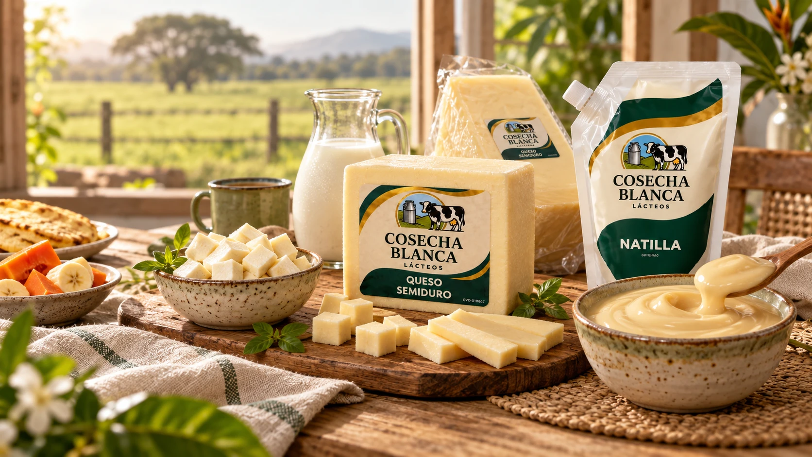 Queso semiduro, queso fresco y natilla Cosecha Blanca en una mesa de finca